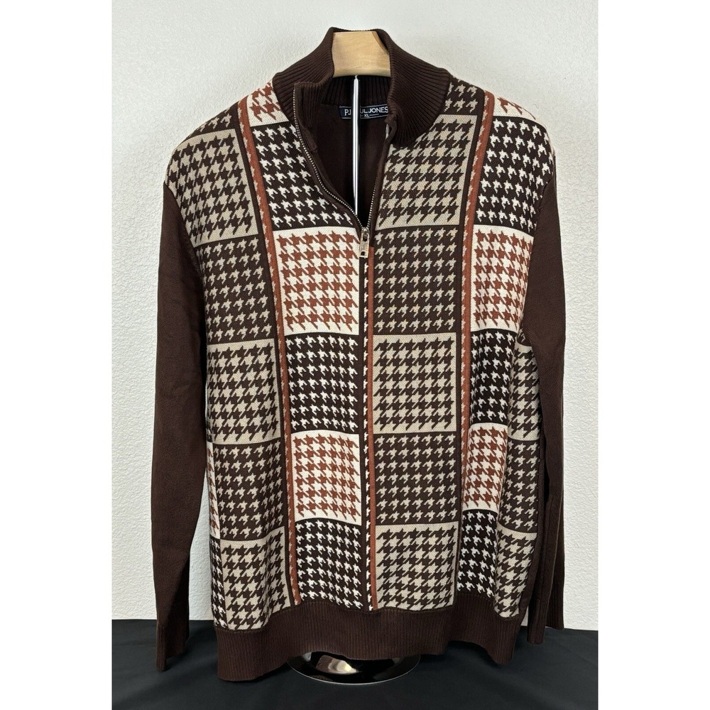 Paul Jones 1/4 Zip Pullover Knit Sweater Mens XL Brown Houndstooth Grandpa Retro